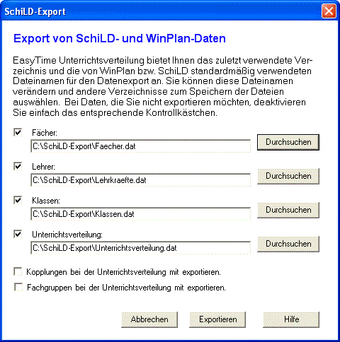 Der Dialog 'SchiLD-Export' für den Export von SchiLD und WinPlan-Daten