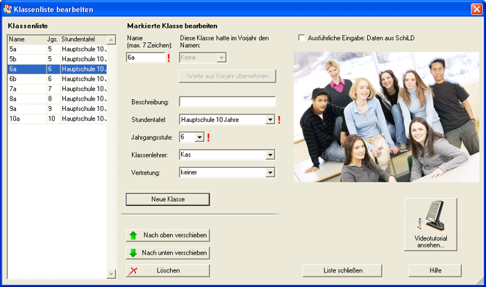 Ansicht des Dialogs 'Klassenliste bearbeiten'
