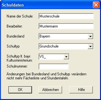 Ansicht des Dialogs 'Schuldaten' fr bayrische Schulen
