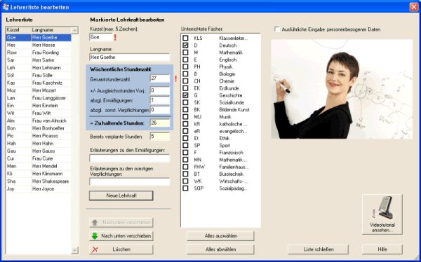 Screenshot: Lehrerliste