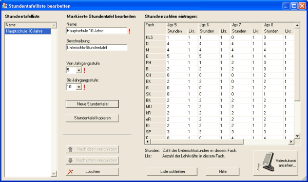 Screenshot: Stundentafel-Liste