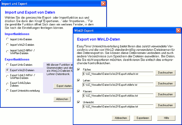 Die Dialoge zum Export von daten für WinLD